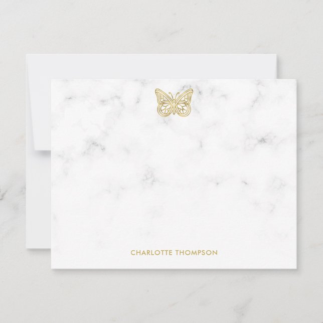 Tarjeta Pequeña Marble blanco y mariposa de oro personalizados (Anverso)