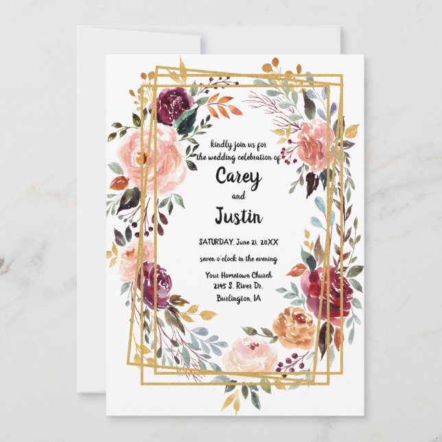 Tarjeta Pequeña Marco geométrico dorado con flores de boda (Anverso)