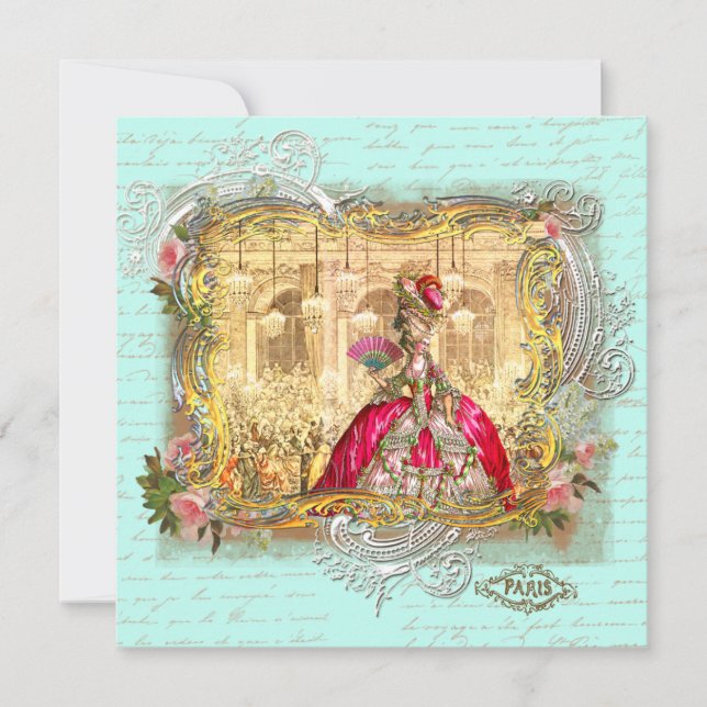 Tarjeta Pequeña Marie Antoinette Fiesta en Versalles en Aqua (Anverso)