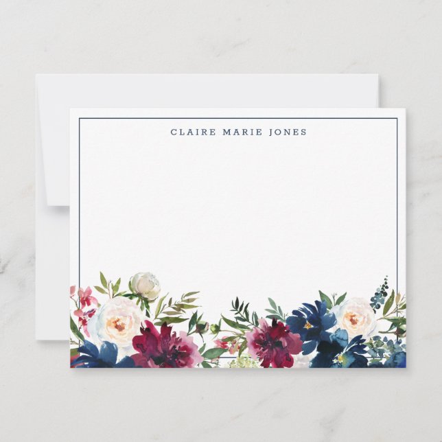 Tarjeta Pequeña Marina Azul Borgoña Floral acuarela delgada fronte (Anverso)
