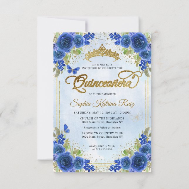 Tarjeta Pequeña Marina Floral Azul Oro Azul Tiara Quinceañera (Anverso)
