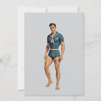 Tarjeta Pequeña Marinero Retro en Traje de Baño Azul Marino
