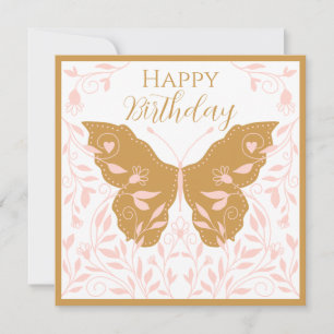 Tarjeta Pequeña Mariposa Caprichosa Con Enredaderas Rosa Claro 