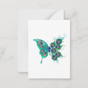 Tarjeta Pequeña Mariposa con plumas de pavo real verde