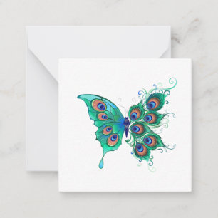 Tarjeta Pequeña Mariposa con plumas de pavo real verde