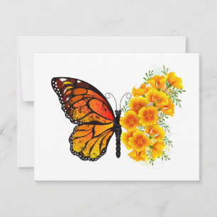 Tarjeta Pequeña Mariposa de flor con amapola de California amarill
