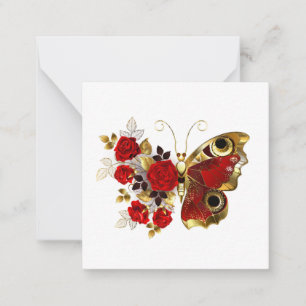 Tarjeta Pequeña Mariposa de flor roja con rosas rojas