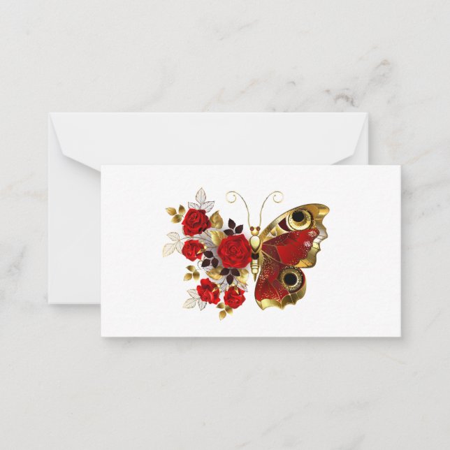 Tarjeta Pequeña Mariposa de flor roja con rosas rojas (Anverso)