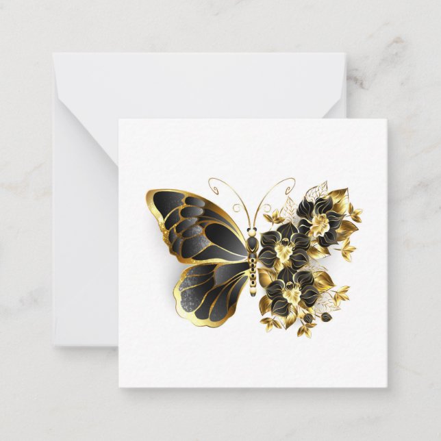 Tarjeta Pequeña Mariposa de flores de oro con orquídea negra (Anverso)
