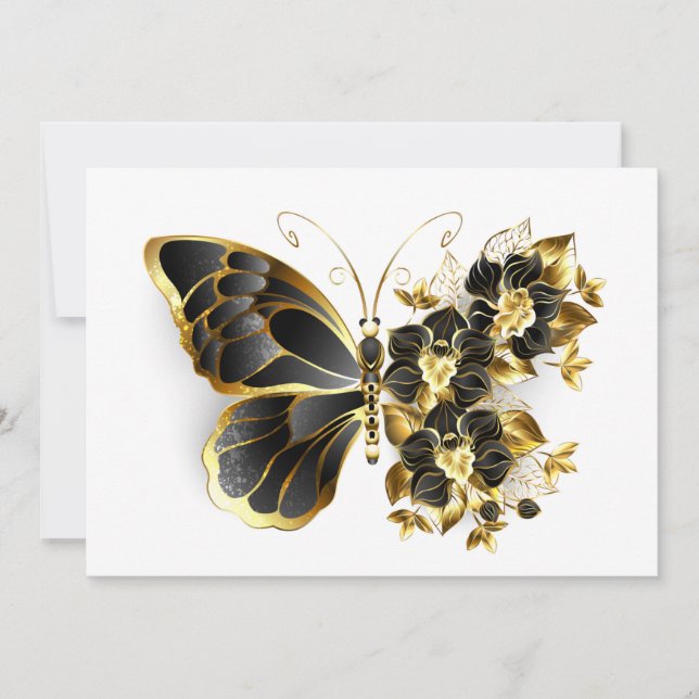 Tarjeta Pequeña Mariposa de flores de oro con orquídea negra (Anverso)