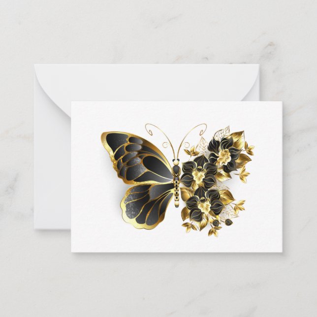 Tarjeta Pequeña Mariposa de flores de oro con orquídea negra (Anverso)