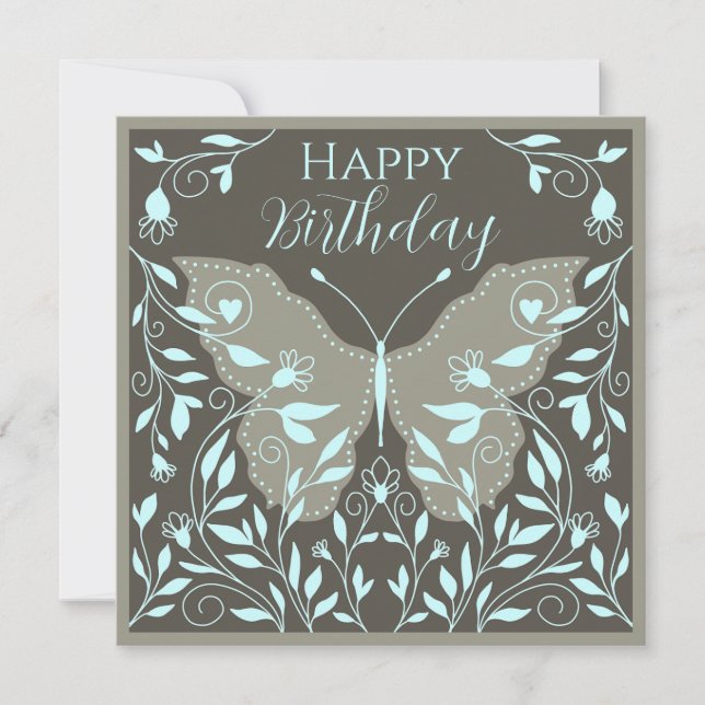 Tarjeta Pequeña Mariposa elegante con enredaderas Feliz Cumpleaños (Anverso)