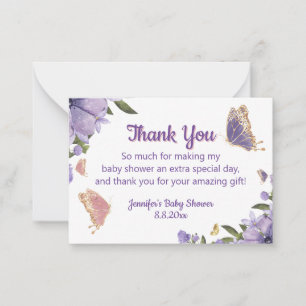 Tarjeta Pequeña mariposa púrpura floral niña baby shower gracias