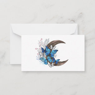 Tarjeta Pequeña Mariposas azules en creciente de madera