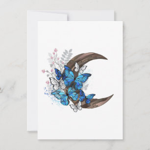 Tarjeta Pequeña Mariposas azules sobre la media luna de madera