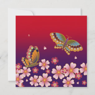 Tarjeta Pequeña Mariposas Japonesas Entre Flores de Cerezo Rojas