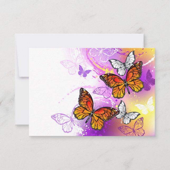 Tarjeta Pequeña Mariposas monarcas en fondo morado (Anverso)