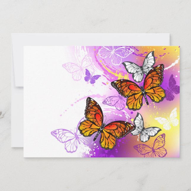 Tarjeta Pequeña Mariposas monarcas en fondo morado (Anverso)