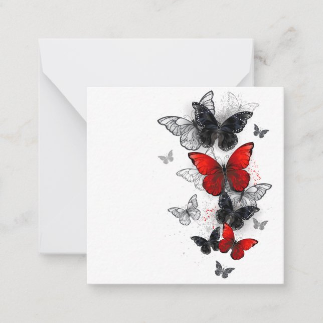 Tarjeta Pequeña Mariposas Morpho voladoras negras y rojas (Anverso)
