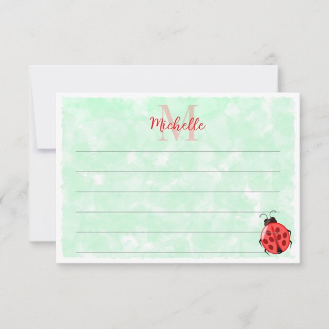 Tarjeta Pequeña Mariquita Monograma Lineda Acuarela Verde Monogram (Anverso)