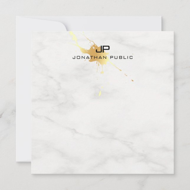 Tarjeta Pequeña Mármol blanco elegante oro Splash Monograma modern (Anverso)