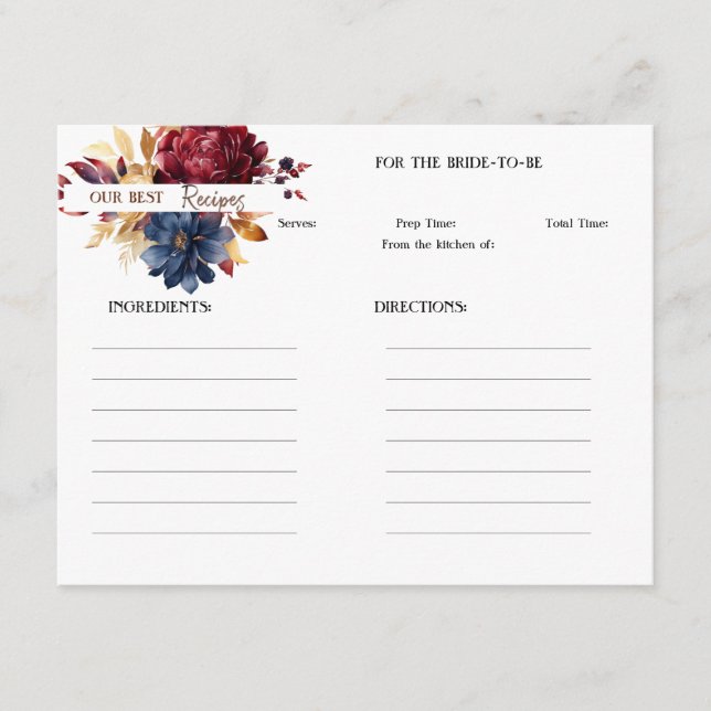 Tarjeta Pequeña Maroon and Navy Floral Recipe Card (Anverso)