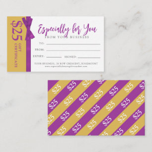 Tarjeta Pequeña Mauve gold bow business don $25 Certificado de reg