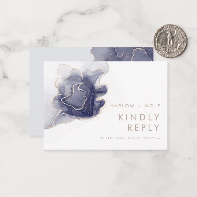 Tarjeta Pequeña Mednight Navy Gold Elegant Modern Wedding RSVP (Anverso/Reverso In Situ)