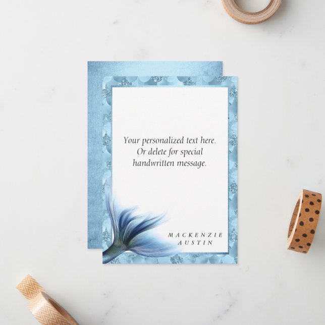 Tarjeta Pequeña Mermaid Glam Tail | Personalizado Dusty Ice Blue L (Anverso/Reverso In Situ)