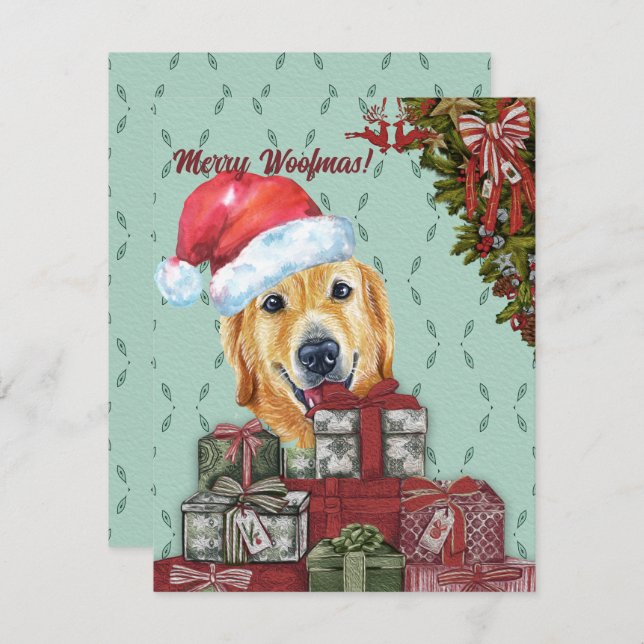 Tarjeta Pequeña Merry Woofmas Golden Retriever Santa Hat Navidades (Anverso / Reverso)