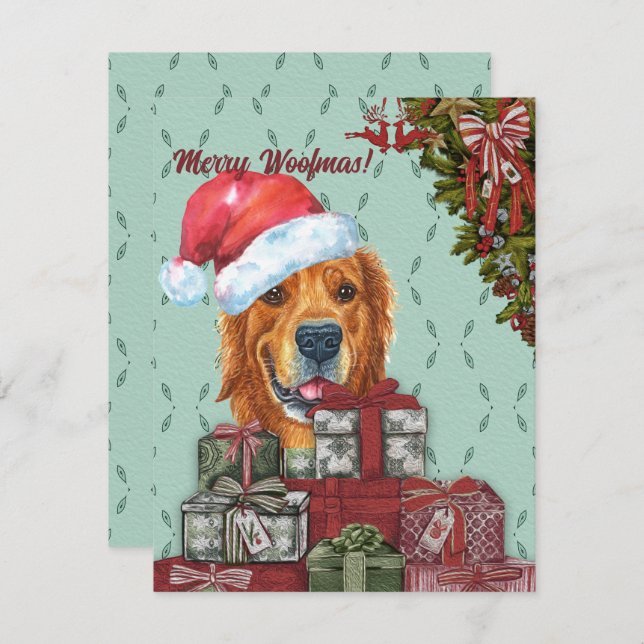 Tarjeta Pequeña Merry Woofmas Golden Retriever Santa Hat Navidades (Anverso / Reverso)
