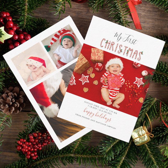 Tarjeta Pequeña Mi primera fiesta navideña de fotos para bebés (Baby First Christmas Photo Collage Announcement Card)