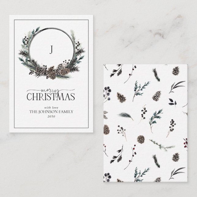 Tarjeta Pequeña Mini Black Monograma Invierno Wreath Feliz Navidad (Anverso / Reverso)