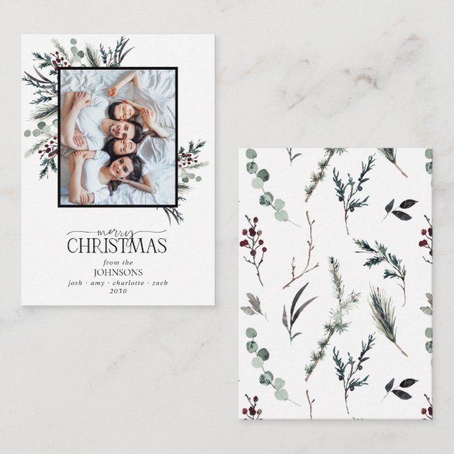 Tarjeta Pequeña Mini Black Winter Botanical Photo Merry Christmas (Anverso / Reverso)