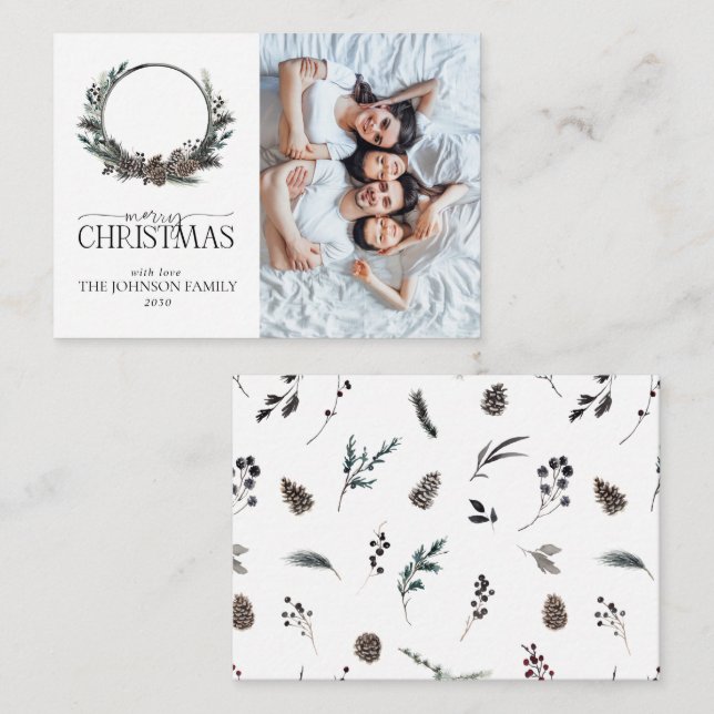 Tarjeta Pequeña Mini Black Winter Wreath Merry Christmas Photo (Anverso / Reverso)