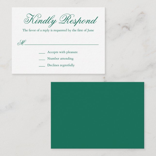 Tarjeta Pequeña Mini boda formal tradicional verde esmeralda RSVP (Anverso / Reverso)