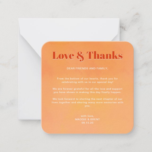 Tarjeta Pequeña Mini Bold Orange Sunset Monogram Wedding Thank You (Anverso)