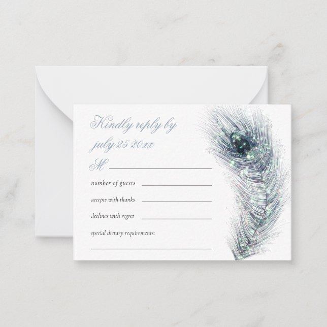 Tarjeta Pequeña MinI Elegant peacock Feather Wedding Verde azulado (Anverso)