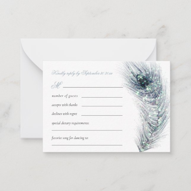 Tarjeta Pequeña MinI Elegant Peacock Feather Wedding Verde azulado (Anverso)
