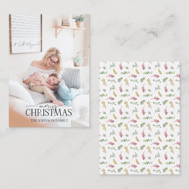 Tarjeta Pequeña Mini Gold Winter Greenery Fotos navideñas (Anverso / Reverso)