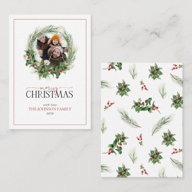 Tarjeta Pequeña Mini Holly Berry Wreath Merry Christmas Photo (Anverso / Reverso)