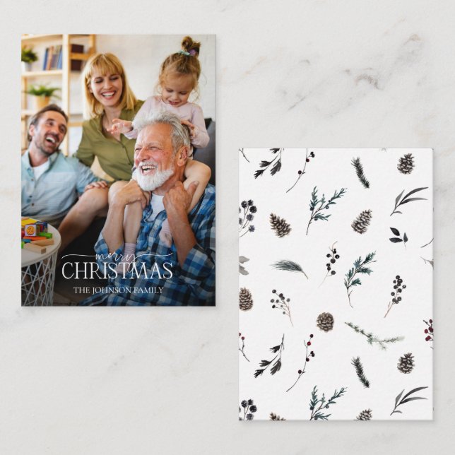 Tarjeta Pequeña Mini invierno blanco moderno Fotos navideñas merry (Anverso / Reverso)