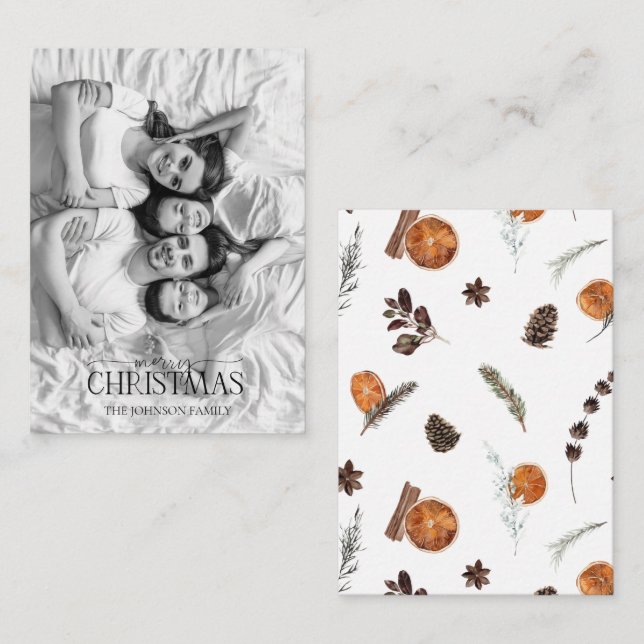 Tarjeta Pequeña Mini Naranja Feliz Navidad Fotos en blanco y negro (Anverso / Reverso)