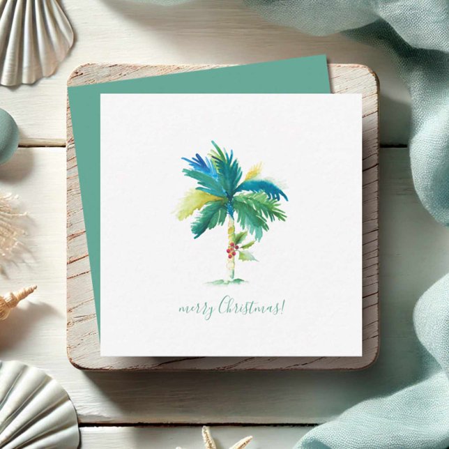 Tarjeta Pequeña Mini Navidades tropicales del árbol de palmas acuá (Mini Florida Christmas cards watercolor palm tree art by Victoria Grigaliunas Do Tell A Belle)