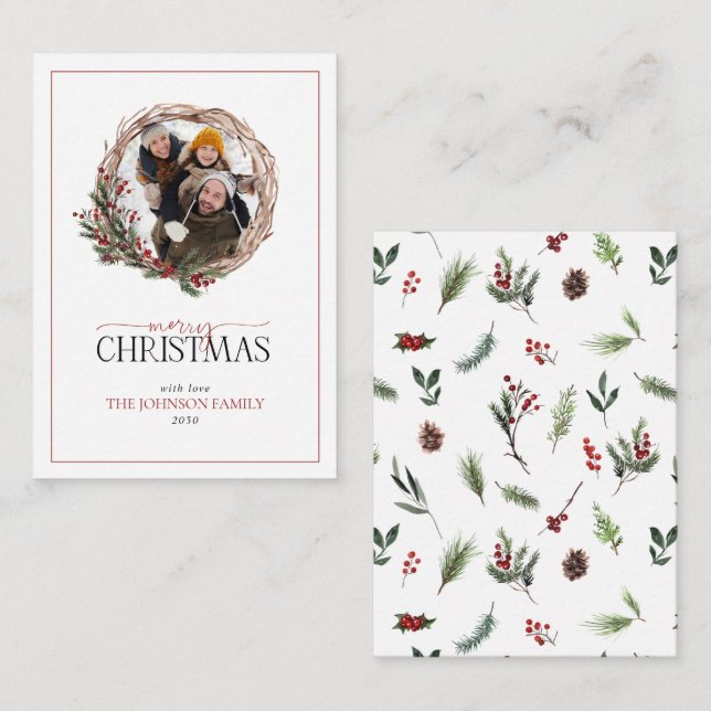 Tarjeta Pequeña Mini Red Berry Photo Wreath Merry Christmas (Anverso / Reverso)