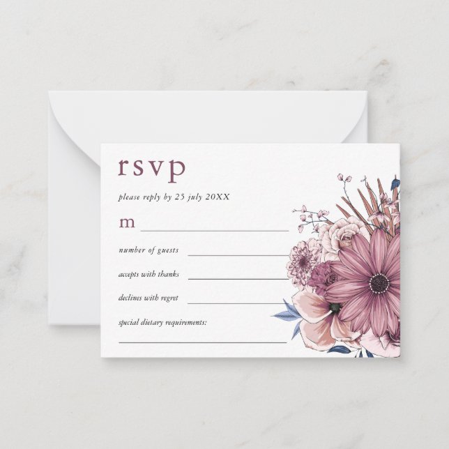 Tarjeta Pequeña MINI TAMAÑO Morado Berry Florals Boda RSVP (Anverso)