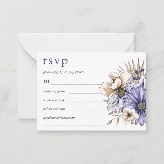 Tarjeta Pequeña MINI TAMAÑO Morado Crema Floral Boda RSVP (Anverso)