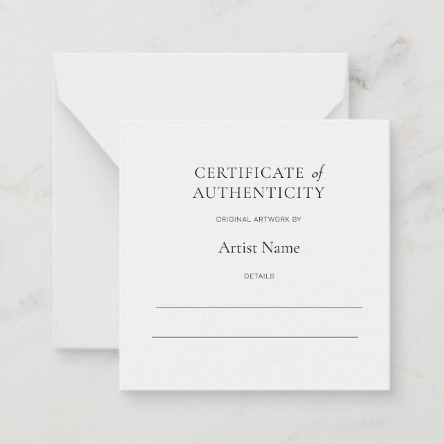 Tarjeta Pequeña Mini White Certificate of Authenticity for Art  (Anverso)
