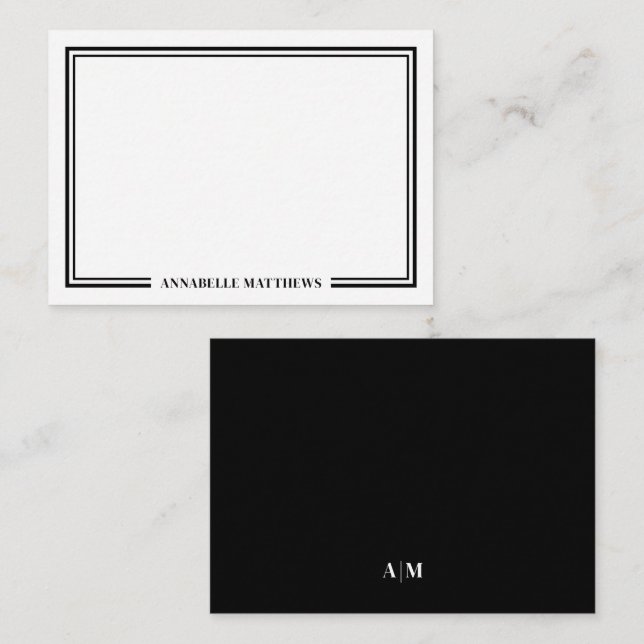Tarjeta Pequeña Minimalist Black White Two Border Monogram (Anverso / Reverso)