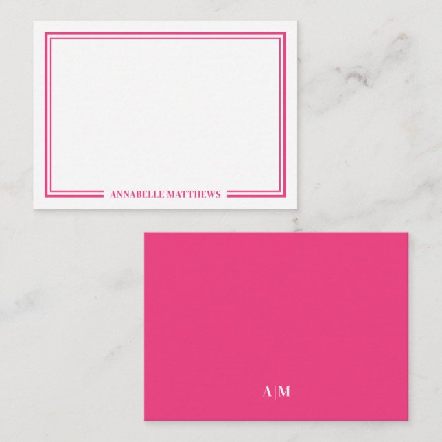 Tarjeta Pequeña Minimalist Hot Pink Two Border Monogram (Anverso / Reverso)